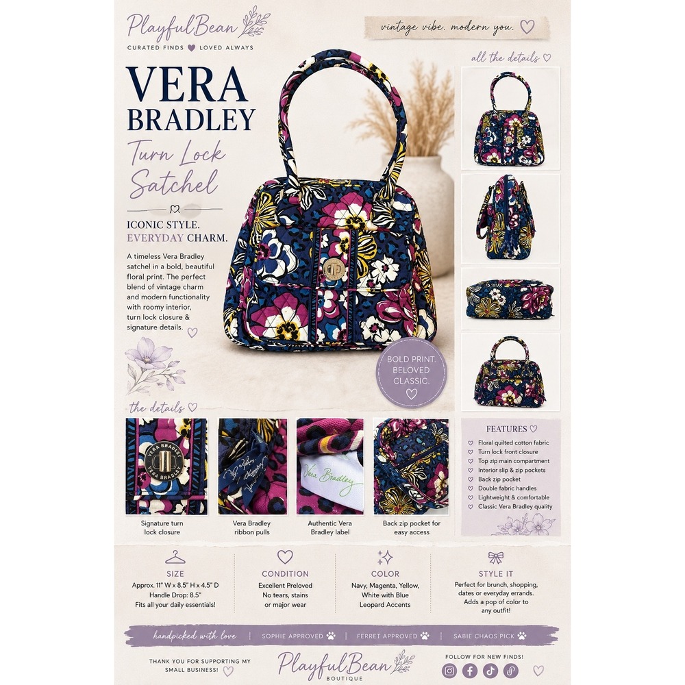 Vera Bradley Satchel Women Small Purple Floral Leopard Quilted Turn Lock Handbag